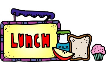 Picture of Lunchbox with the word LUNCH also pictured is an apple slice, sandwich, cupcake, and milk bottle